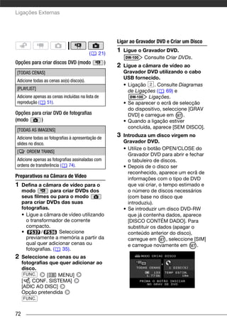 Ligações Externas




                                                      Ligar ao Gravador DVD e Criar um Disco

                                          (   21)
                                                      1   Ligue o Gravador DVD.
                                                                  Consulte Criar DVDs.
Opções para criar discos DVD (modo                )
                                                      2   Ligue a câmara de vídeo ao
[TODAS CENAS]                                             Gravador DVD utilizando o cabo
                                                          USB fornecido.
Adicione todas as cenas ao(s) disco(s).
                                                          • Ligação     . Consulte Diagramas
[PLAYLIST]                                                  de Ligações (    69) e
Adicione apenas as cenas incluídas na lista de                       Ligações.
reprodução (    51).                                      • Se aparecer o ecrã de selecção
                                                            do dispositivo, seleccione [GRAV
Opções para criar DVD de fotografias                        DVD] e carregue em       .
(modo      )                                              • Quando a ligação estiver
                                                            concluída, aparece [SEM DISCO].
[TODAS AS IMAGENS]
Adicione todas as fotografias à apresentação de
                                                      3   Introduza um disco virgem no
slides no disco.                                          Gravador DVD.
                                                          • Utilize o botão OPEN/CLOSE do
[      ORDEM TRANS]
                                                            Gravador DVD para abrir e fechar
Adicione apenas as fotografias assinaladas com              o tabuleiro de discos.
ordens de transferência (    74).                         • Depois de o disco ser
                                                            reconhecido, aparece um ecrã de
Preparativos na Câmara de Vídeo                             informações com o tipo de DVD
1    Defina a câmara de vídeo para o                        que vai criar, o tempo estimado e
     modo         para criar DVDs dos                       o número de discos necessários
     seus filmes ou para o modo                             (com base no disco que
     para criar DVDs das suas                               introduziu).
     fotografias.                                         • Se introduzir um disco DVD-RW
     • Ligue a câmara de vídeo utilizando                   que já contenha dados, aparece
       o transformador de corrente                          [DISCO CONTÉM DADO]. Para
       compacto.                                            substituir os dados (apagar o
     •        /       Seleccione                            conteúdo anterior do disco),
       previamente a memória a partir da                    carregue em        , seleccione [SIM]
       qual quer adicionar cenas ou                         e carregue novamente em          .
       fotografias. (  35).
2    Seleccione as cenas ou as
     fotografias que quer adicionar ao
     disco.
       FUNC.    [   MENU]
     [    CONF. SISTEMA]
     [ADIC AO DISC]
     Opção pretendida
     FUNC.


72
 