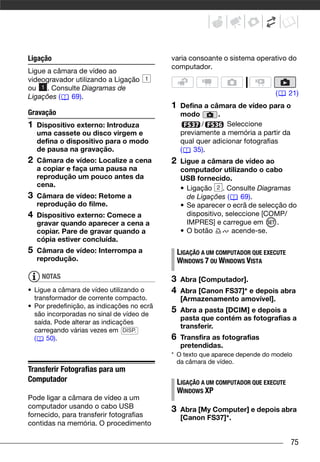 Ligação                                     varia consoante o sistema operativo do
                                            computador.
Ligue a câmara de vídeo ao
videogravador utilizando a Ligação
ou    . Consulte Diagramas de
Ligações (   69).                                                              (      21)
                                            1    Defina a câmara de vídeo para o
Gravação                                         modo       .
1   Dispositivo externo: Introduza                     /        Seleccione
    uma cassete ou disco virgem e                previamente a memória a partir da
    defina o dispositivo para o modo             qual quer adicionar fotografias
    de pausa na gravação.                        (   35).
2   Câmara de vídeo: Localize a cena        2    Ligue a câmara de vídeo ao
    a copiar e faça uma pausa na                 computador utilizando o cabo
    reprodução um pouco antes da                 USB fornecido.
    cena.                                        • Ligação     . Consulte Diagramas
3   Câmara de vídeo: Retome a                      de Ligações (     69).
    reprodução do filme.                         • Se aparecer o ecrã de selecção do
4   Dispositivo externo: Comece a                  dispositivo, seleccione [COMP/
    gravar quando aparecer a cena a                IMPRES] e carregue em        .
    copiar. Pare de gravar quando a              • O botão        acende-se.
    cópia estiver concluída.
5   Câmara de vídeo: Interrompa a               LIGAÇÃO A UM COMPUTADOR QUE EXECUTE
    reprodução.                                 WINDOWS 7 OU WINDOWS VISTA
     NOTAS                                  3    Abra [Computador].
• Ligue a câmara de vídeo utilizando o      4    Abra [Canon FS37]* e depois abra
  transformador de corrente compacto.            [Armazenamento amovível].
• Por predefinição, as indicações no ecrã
  são incorporadas no sinal de vídeo de
                                            5    Abra a pasta [DCIM] e depois a
                                                 pasta que contém as fotografias a
  saída. Pode alterar as indicações
                                                 transferir.
  carregando várias vezes em DISP.
  (   50).                                  6    Transfira as fotografias
                                                 pretendidas.
                                            * O texto que aparece depende do modelo
                                              da câmara de vídeo.
Transferir Fotografias para um
Computador                                      LIGAÇÃO A UM COMPUTADOR QUE EXECUTE
                                                WINDOWS XP
Pode ligar a câmara de vídeo a um
computador usando o cabo USB                3    Abra [My Computer] e depois abra
fornecido, para transferir fotografias           [Canon FS37]*.
contidas na memória. O procedimento

                                                                                      75
 
