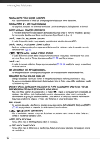 Informações Adicionais




  ALGUMAS CENAS PODEM NÃO SER ELIMINADAS
    - Não é possível eliminar os filmes que foram protegidos/editados com outros dispositivos.
  ALGUMAS FOTOS           NÃO FORAM ELIMINADAS
    - As fotografias protegidas não podem ser eliminadas. Cancele a definição de protecção antes de eliminar.
  BUFFER SATURADO GRAVAÇÃO INTERROMPIDA
    - A velocidade de transferência de dados era demasiado alta para o cartão de memória utilizado e a gravação
      foi interrompida. Substitua o cartão de memória por um Speed Class 2, 4, 6 ou 10.
  CARTÃO IMPOSSÍVEL RECONHECER OS DADOS
    - O cartão de memória contém cenas gravadas num sistema de televisão diferente (NTSC).
  CARTÃO INICIALIZ APENAS COM A CÂMARA DE VÍDEO
    - Existe um problema que impede o acesso ao cartão de memória. Inicialize o cartão de memória com esta
      câmara de vídeo (    28).
           /          CARTÃO MÁXIMO DE CENAS ATINGIDO
     - O cartão de memória contém 3.999 cenas (o número máximo de cenas); não é possível copiar mais cenas
       para o cartão de memória. Elimine algumas gravações ( 39) para libertar espaço.
  CARTÃO CHEIO
    - O cartão de memória está cheio. Apague algumas gravações (       39, 59) para libertar espaço, ou substitua o
      cartão de memória.
  CEN GRAV COM OUT DISP. IMPOSS DIVIDIR CENA.
    - As cenas gravadas com outro dispositivo não podem ser divididas utilizando esta câmara de vídeo.
  DEMASIADAS IMG FIXAS DESLIGUE O CABO USB
    - Desligue o cabo USB e diminua o número de fotografias no cartão de memória para menos de 1.800.
      Se aparecer uma caixa de diálogo no ecrã do computador, feche-a. Retire o cabo USB e restabeleça a ligação
      após alguns segundos.
  ENQUANTO CÂMARA DE VÍDEO ESTÁ CONECTADA A UM PC NÃO DESCONECTAR O CABO USB OU FONTE DE
  ALIMENTAÇÃO NÃO DESLIGAR ALIMENTAÇÃO OU MUDAR MODOS
    - Não pode utilizar a câmara de vídeo se estiver no modo        e ligada ao computador com um cabo USB. Se
      desligar o cabo USB ou a fonte de alimentação enquanto esta mensagem estiver no ecrã, pode perder
      definitivamente as gravações da câmara de vídeo. Utilize a função do computador Remover Hardware com
      Segurança para terminar a ligação e retire o cabo USB antes de utilizar a câmara de vídeo.
  ERRO DE NOME
    - Os números das pastas e dos ficheiros atingiram o seu valor máximo. Defina [NÚMERO IMAG] para [INICIAR]
      (    83) e apague todas as fotografias do cartão de memória ou inicialize-o.
           /           ERRO NA MEMO INCORPO
     - Não foi possível ler a memória incorporada. Pode haver um problema com a câmara de vídeo. Contacte o
       Centro de Assistência Técnica da Canon.
      ERRO ORDEM IMPRESSÃO
     - Tentou definir mais de 998 fotografias na ordem de impressão.
       ERRO ORDEM TRANSFERÊNCIA
     - Tentou definir mais de 998 ordens de transferência. Reduza o número de fotografias marcadas com ordens
       de transferência.


90
 