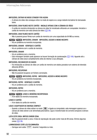 Informações Adicionais




  IMPOSSÍVEL ENTRAR NO MODO STANDBY POR AGORA
    - A câmara de vídeo não consegue entrar no modo de espera se a carga restante da bateria for demasiado
      baixa.
  IMPOSSÍVEL GRAV FILMES NESTE CARTÃO INICIALIZ APENAS COM A CÂMARA DE VÍDEO
    - O cartão de memória introduzido na câmara de vídeo foi inicializado utilizando um computador. Inicialize o
      cartão de memória com esta câmara de vídeo (     28).
  IMPOSSÍVEL GRAV FILMES NESTE CARTÃO
    - Não é possível gravar filmes num cartão de memória com uma capacidade de 64 MB ou menos.
           /        IMPOSSÍVEL GRAVAR IMPOSSÍVEL ACEDER A MEMO INCORPO
     - Há um problema na memória incorporada.
  IMPOSSÍVEL GRAVAR VERIFIQUE O CARTÃO
    - Há um problema com o cartão de memória.
  IMPOSSÍVEL GRAVAR
    - Há um problema com a memória.
    - Esta mensagem também pode aparecer se houver formação de condensação (             100). Aguarde até a
      câmara de vídeo secar completamente antes de retomar a sua utilização.
  IMPOSSÍVEL RECONHECER OS DADOS
    - Foi introduzido na câmara de vídeo um cartão de memória com dados gravados num sistema de televisão
      diferente (NTSC).
  IMPOSSÍVEL RECUPERAR
    - Não foi possível recuperar um ficheiro corrompido.
           /        IMPOSSÍVEL REPRO IMPOSSÍVEL ACEDER A MEMO INCORPO
     - Há um problema na memória incorporada.
  IMPOSSÍVEL REPRO VERIFIQUE O CARTÃO
    - Há um problema com o cartão de memória.
  IMPOSSÍVEL REPRO
    - Há um problema com a memória.
            /         LENDO A MEMÓRIA INCORPORADA
     - A ler dados da memória incorporada.
  LENDO O CARTÃO
    - A ler dados do cartão de memória.
  LIGUE O ADAPTADOR DE ENERGIA COMPACT
    - Quando a câmara de vídeo estiver no modo            e ligada ao computador, esta mensagem aparece se a
      câmara de vídeo estiver a ser alimentada pela bateria. Ligue o transformador de corrente compacto à câmara
      de vídeo.
  LISTA ESTÁ CHEIA. IMPOSS DIVIDIR CENA.
    - Não foi possível dividir a cena. A lista de reprodução não pode conter mais de 99 cenas. Elimine algumas
      cenas (     39).
  LUMINOSIDADE ECRÃ LCD FOI DIMINUÍDA
    - Carregue sem soltar DISP. durante 2 segundos ou mais.


92
 