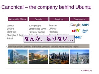 Canonical – the company behind Ubuntu
World-wide Offices

London
Boston
Montreal
Shanghai & Beijing
Taipei

Details
600+ people
Established 2004
Privately owned
British Company

Services

Customers

Support
Ubuntu
Products
Custom Engineering

なんか、足りない…
なんか、足りない…

Canonical offices around the world, London, Boston, Montreal and Taipei.

 