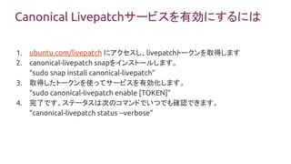 Canonical Livepatchサービスを有効にするには
1. ubuntu.com/livepatch にアクセスし、livepatchトークンを取得します
2. canonical-livepatch snapをインストールします。
“sudo snap install canonical-livepatch”
3. 取得したトークンを使ってサービスを有効化します。
“sudo canonical-livepatch enable [TOKEN]”
4. 完了です。ステータスは次のコマンドでいつでも確認できます。
“canonical-livepatch status --verbose”
 
