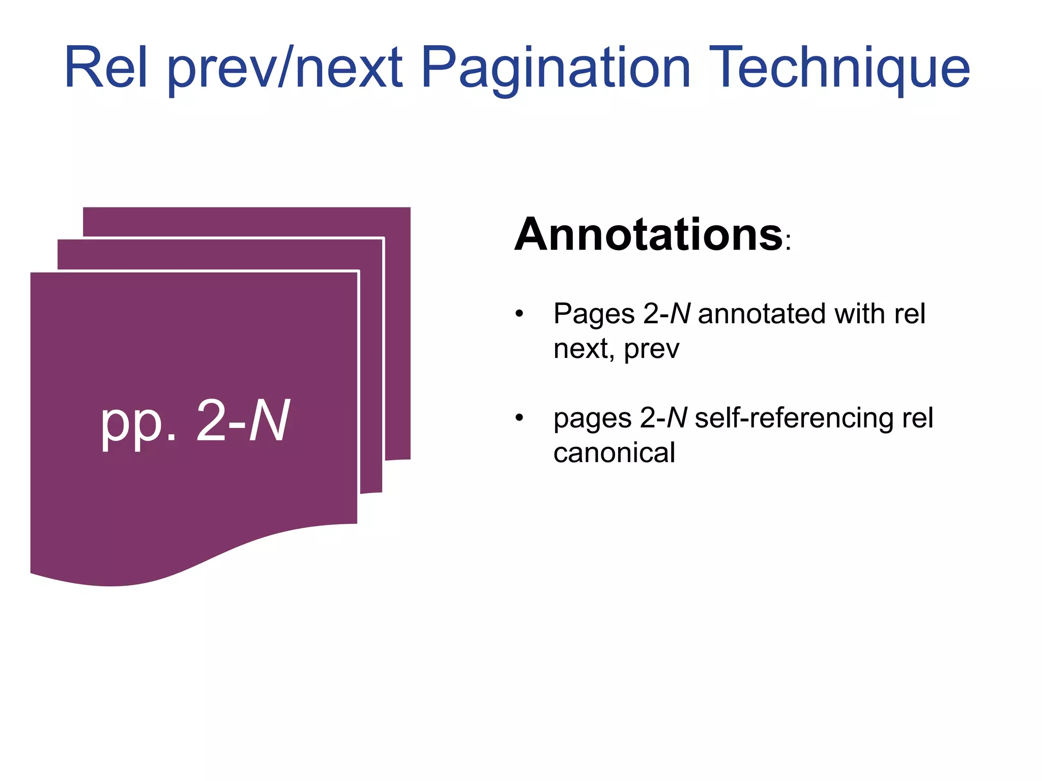 Rel prev/next Pagination Technique

                Annotations:
                • Pages 2-N annotated with rel next,
                  prev

 pp. 2-N        • pages 2-N self-referencing rel
                  canonical
 