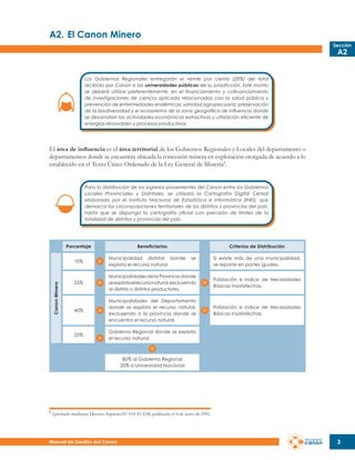 A2.	El Canon Minero
Sección

A2

Los Gobiernos Regionales entregarán el veinte por ciento (20%) del total
recibido por Canon a las universidades públicas de su jurisdicción. Este monto
se deberá utilizar preferentemente, en el financiamiento y cofinanciamiento
de investigaciones de ciencia aplicada relacionadas con la salud pública y
prevención de enfermedades endémicas; sanidad agropecuaria; preservación
de la biodiversidad y el ecosistema de la zona geográfica de influencia donde
se desarrollan las actividades económicas extractivas y utilización eficiente de
energías renovables y procesos productivos.

El área de influencia es el área territorial de los Gobiernos Regionales y Locales del departamento o
departamentos donde se encuentra ubicada la concesión minera en explotación otorgada de acuerdo a lo
establecido en el Texto Único Ordenado de la Ley General de Minería1 .
Para la distribución de los ingresos provenientes del Canon entre los Gobiernos
Locales Provinciales y Distritales, se utilizará la Cartografía Digital Censal
elaborada por el Instituto Nacional de Estadística e Informática (INEI), que
demarca las circunscripciones territoriales de los distritos y provincias del país,
hasta que se disponga la cartografía oficial con precisión de límites de la
totalidad de distritos y provincias del país.

Porcentaje

Beneficiarios

Criterios de Distribución

Municipalidad distrital donde
explota el recurso natural.

25%

Municipalidades de la Provincia donde
se explota el recurso natural, excluyendo
al distrito o distritos productores.

Población e índice de Necesidades
Básicas Insatisfechas.

40%

Municipalidades del Departamento
donde se explota el recurso natural,
excluyendo a la provincia donde se
encuentra el recurso natural.

Población e índice de Necesidades
Básicas Insatisfechas.

25%

Canon Minero

10%

se

Si existe más de una municipalidad,
se reparte en partes iguales.

Gobierno Regional donde se explota
el recurso natural.

80% al Gobierno Regional
20% a Universidad Nacional

1

Aprobado mediante Decreto SupremoNº 014-92-EM, publicado el 4 de junio de 1992.

Manual de Gestión del Canon

3

 