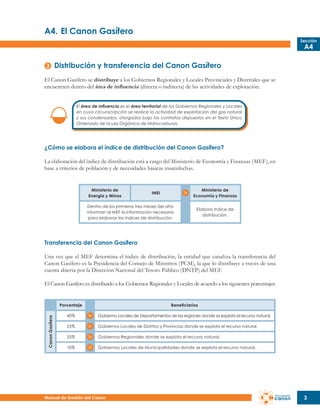 A4.	El Canon Gasífero
Sección

A4

Distribución y transferencia del Canon Gasífero
El Canon Gasífero se distribuye a los Gobiernos Regionales y Locales Provinciales y Distritales que se
encuentren dentro del área de influencia (directa o indirecta) de las actividades de explotación.
El área de influencia es el área territorial de los Gobiernos Regionales y Locales
en cuya circunscripción se realice la actividad de explotación del gas natural
y sus condensados, otorgados bajo los contratos dispuestos en el Texto Único
Ordenado de la Ley Orgánica de Hidrocarburos.

¿Cómo se elabora el índice de distribución del Canon Gasífero?
La elaboración del índice de distribución está a cargo del Ministerio de Economía y Finanzas (MEF), en
base a criterios de población y de necesidades básicas insatisfechas.

Ministerio de
Energía y Minas

Ministerio de
Economía y Finanzas

INEI

Dentro de los primeros tres meses del año
informan al MEF la información necesaria
para elaborar los índices de distribución.

Elabora índice de
distribución.

Transferencia del Canon Gasífero
Una vez que el MEF determina el índice de distribución, la entidad que canaliza la transferencia del
Canon Gasífero es la Presidencia del Consejo de Ministros (PCM), la que lo distribuye a través de una
cuenta abierta por la Dirección Nacional del Tesoro Público (DNTP) del MEF.
El Canon Gasífero es distribuido a los Gobiernos Regionales y Locales de acuerdo a los siguientes porcentajes:

Canon Gasífero

Porcentaje

Beneficiarios

40%

Gobierno Locales de Departamentos de las regiones donde se explota el recurso natural.

25%

Gobiernos Locales de Distritos y Provincias donde se explota el recurso natural.

25%

Gobiernos Regionales donde se explota el recurso natural.

10%

Gobiernos Locales de Municipalidades donde se explota el recurso natural.

Manual de Gestión del Canon

3

 