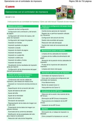 Operaciones con el controlador de impresora                                                        Página 306 de 716 páginas




 MA-5387-V1.00


   | Instrucciones de uso (controlador de impresora) | Cómo usar este manual | Impresión de este manual |


    Métodos de impresión                              Cambio de la configuración del equipo desde
                                                    un ordenador
    Impresión de fácil configuración
    Configuración de la orientación y del tamaño      Cambio de las opciones de impresión
  de página                                           Registro de un perfil de impresión utilizado
                                                    con frecuencia
    Configuración del número de copias y del
  orden de impresión                                  Configuración del cartucho de tinta
    Configuración del margen de grapado               Gestión del encendido del equipo
    Impresión sin bordes                              Reducción del ruido del equipo
    Impresión ajustada a la página                    Cambio del modo de funcionamiento del
    Impresión a escala                              equipo

    Impresión de diseño de página                     Mantenimiento desde un ordenador
    Impresión de pósters
                                                      Limpieza de los cabezales de impresión
    Impresión en cuadernillo
                                                      Limpieza de los rodillos de alimentación del
    Impresión a doble cara                          papel
    Impresión de sellos y fondos                      Alineación de la posición de los cabezales de
    Impresión de sobres                             impresión
    Visualización de los resultados de impresión      Prueba de los inyectores del cabezal de
  antes de imprimir                                 impresión
     Configuración de las dimensiones del papel       Limpieza del interior del equipo
  (tamaño personalizado)
                                                      Descripción del controlador de impresora
    Cambio de la calidad de impresión y
                                                      Controlador de impresora Canon IJ
  corrección de los datos de imagen
                                                      Cómo abrir la ventana de configuración del
    Combinación del nivel de calidad de             controlador de impresora
  impresión y del método de medios tonos
                                                      Ficha Mantenimiento
    Impresión en monocromo de documentos en
                                                      Monitor de estado Canon IJ
  color
    Especificación de la corrección del color         Vista preliminar de Canon IJ

    Ajuste del balance del color                      Actualización de los MP Drivers
    Ajuste del brillo
                                                     Obtención de la versión más reciente de los
    Ajuste de la intensidad                         MP Drivers
    Ajuste del contraste                              Eliminación de MP Drivers innecesarios
    Simulación de ilustración                         Pasos previos a la instalación de los MP
    Representación de los datos de imagen con       Drivers
  un solo color                                       Instalación de los MP Drivers
    Presentación de los datos de imagen con
  colores intensos                                    Apéndice
    Suavizado de los contornos dentados               Eliminación de un trabajo de impresión no
    Modificación de las propiedades del color       deseado
  para mejorar la coloración                          Cómo compartir la impresora en una red
    Reducción del ruido de las fotografías
 
