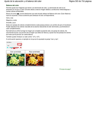 Ajuste de la saturación y el balance del color                                                         Página 503 de 716 páginas

  Balance del color
  Permite ajustar las imágenes que tienen una dominante de color. La dominante de color es el
  fenómeno en el que un color concreto afecta a toda la imagen debido a condiciones meteorológicas o
  fuertes colores ambientales.
  Mueva el control      (control deslizante) que está situado debajo de Balance del color (Color Balance)
  hacia la izquierda o hacia la derecha para destacar el color correspondiente.
  Cian y rojo
  Magenta y verde
  Amarillo y azul
  Estas son parejas de colores complementarios (cada pareja produce una sombra de gris al mezclarse).
  Puede reproducir los colores naturales de la escena reduciendo el color dominante y aumentando el
  color complementario.
  Normalmente es difícil corregir la imagen por completo ajustando sólo una pareja de colores. Se
  recomienda buscar una porción de la imagen que deba ser blanca y ajustar las tres parejas de colores
  de modo que la porción se vuelva blanca.
  También puede introducir un valor (entre -127 y 127).
  A continuación aparece un ejemplo en el que se ha ajustado la pareja "cian y rojo".




        Cian aumentado                Rojo aumentado




                                                                                        Principio de página
 