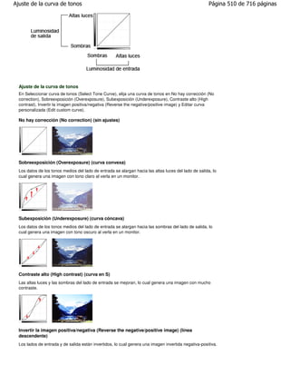 Ajuste de la curva de tonos                                                                            Página 510 de 716 páginas




  Ajuste de la curva de tonos
  En Seleccionar curva de tonos (Select Tone Curve), elija una curva de tonos en No hay corrección (No
  correction), Sobreexposición (Overexposure), Subexposición (Underexposure), Contraste alto (High
  contrast), Invertir la imagen positiva/negativa (Reverse the negative/positive image) y Editar curva
  personalizada (Edit custom curve).

  No hay corrección (No correction) (sin ajustes)




  Sobreexposición (Overexposure) (curva convexa)
  Los datos de los tonos medios del lado de entrada se alargan hacia las altas luces del lado de salida, lo
  cual genera una imagen con tono claro al verla en un monitor.




  Subexposición (Underexposure) (curva cóncava)
  Los datos de los tonos medios del lado de entrada se alargan hacia las sombras del lado de salida, lo
  cual genera una imagen con tono oscuro al verla en un monitor.




  Contraste alto (High contrast) (curva en S)
  Las altas luces y las sombras del lado de entrada se mejoran, lo cual genera una imagen con mucho
  contraste.




  Invertir la imagen positiva/negativa (Reverse the negative/positive image) (línea
  descendente)
  Los lados de entrada y de salida están invertidos, lo cual genera una imagen invertida negativa-positiva.
 