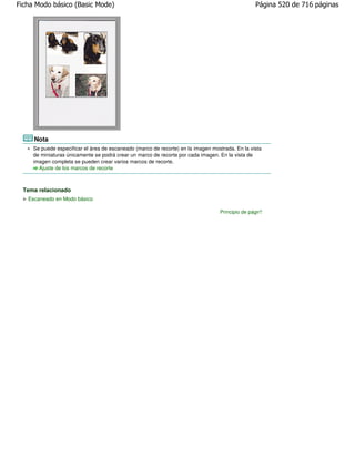 Ficha Modo básico (Basic Mode)                                                                   Página 520 de 716 páginas




     Nota
     Se puede especificar el área de escaneado (marco de recorte) en la imagen mostrada. En la vista
     de miniaturas únicamente se podrá crear un marco de recorte por cada imagen. En la vista de
     imagen completa se pueden crear varios marcos de recorte.
       Ajuste de los marcos de recorte



 Tema relacionado
   Escaneado en Modo básico

                                                                                  Principio de página
 