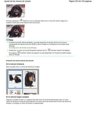 Ajuste de los marcos de recorte                                                                         Página 553 de 716 páginas




  El cursor cambiará a       (flecha en cruz) al colocarlo dentro de un marco de recorte. Haga clic y
  arrastre el ratón para mover todo el marco de recorte.




      Nota
      En Modo avanzado (Advanced Mode), se puede especificar el tamaño del marco de recorte
      introduciendo los valores de Ancho (Width) y Altura (Height) en Configuración de entrada (Input
      Settings).
         Configuración de entrada (Input Settings)
      Puede girar un marco de recorte 90 grados haciendo clic en         (Cambiar relación de aspecto).
      No obstante,       (Cambiar relación de aspecto) no está disponible si el Tamaño de salida (Output
      Size) es Flexible.



  Creación de varios marcos de recorte

  En la vista de miniaturas
  Sólo se puede crear un marco de recorte por imagen.




  En la vista de imagen completa
  Haga clic y arrastre el ratón a un espacio fuera del marco de recorte existente para crear un nuevo
  marco de recorte en el área de vista preliminar. El nuevo marco de recorte será el marco de recorte de
  enfoque, y el antiguo, el marco de recorte no seleccionado.
 