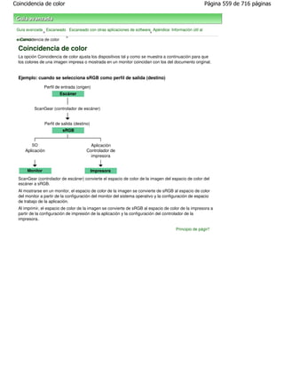 Coincidencia de color                                                                                  Página 559 de 716 páginas



 Guía avanzada Escaneado Escaneado con otras aplicaciones de software Apéndice: Información útil al
               >                                                     >
                         >
 > Coincidencia de color
 escanear

  Coincidencia de color
  La opción Coincidencia de color ajusta los dispositivos tal y como se muestra a continuación para que
  los colores de una imagen impresa o mostrada en un monitor coincidan con los del documento original.


  Ejemplo: cuando se selecciona sRGB como perfil de salida (destino)

                Perfil de entrada (origen)
                        Escáner


          ScanGear (controlador de escáner)


                Perfil de salida (destino)
                          sRGB


         SO                               Aplicación
     Aplicación                         Controlador de
                                          impresora


      Monitor                                Impresora
  ScanGear (controlador de escáner) convierte el espacio de color de la imagen del espacio de color del
  escáner a sRGB.
  Al mostrarse en un monitor, el espacio de color de la imagen se convierte de sRGB al espacio de color
  del monitor a partir de la configuración del monitor del sistema operativo y la configuración de espacio
  de trabajo de la aplicación.
  Al imprimir, el espacio de color de la imagen se convierte de sRGB al espacio de color de la impresora a
  partir de la configuración de impresión de la aplicación y la configuración del controlador de la
  impresora.

                                                                                       Principio de página
 