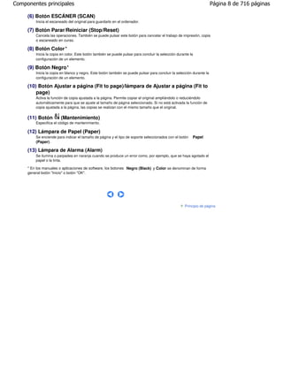 Componentes principales                                                                                                Página 8 de 716 páginas

     (6) Botón ESCÁNER (SCAN)
         Inicia el escaneado del original para guardarlo en el ordenador.

     (7) Botón Parar/Reiniciar (Stop/Reset)
         Cancela las operaciones. También se puede pulsar este botón para cancelar el trabajo de impresión, copia
         o escaneado en curso.

     (8) Botón Color *
         Inicia la copia en color. Este botón también se puede pulsar para concluir la selección durante la
         configuración de un elemento.

     (9) Botón Negro *
         Inicia la copia en blanco y negro. Este botón también se puede pulsar para concluir la selección durante la
         configuración de un elemento.

     (10) Botón Ajustar a página (Fit to page)/lámpara de Ajustar a página (Fit to
         page)
         Activa la función de copia ajustada a la página. Permite copiar el original ampliándolo o reduciéndolo
         automáticamente para que se ajuste al tamaño de página seleccionado. Si no está activada la función de
         copia ajustada a la página, las copias se realizan con el mismo tamaño que el original.

     (11) Botón         (Mantenimiento)
         Especifica el código de mantenimiento.

     (12) Lámpara de Papel (Paper)
         Se enciende para indicar el tamaño de página y el tipo de soporte seleccionados con el botón     Papel
         (Paper) .

     (13) Lámpara de Alarma (Alarm)
         Se ilumina o parpadea en naranja cuando se produce un error como, por ejemplo, que se haya agotado el
         papel o la tinta.

     * En los manuales o aplicaciones de software, los botones Negro (Black) y Color se denominan de forma
     general botón "Inicio" o botón "OK".




                                                                                                     Principio de página
 