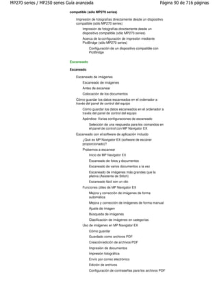 MP270 series / MP250 series Guía avanzada                                                 Página 90 de 716 páginas

                             compatible (sólo MP270 series)

                                 Impresión de fotografías directamente desde un dispositivo
                                 compatible (sólo MP270 series)
                                     Impresión de fotografías directamente desde un
                                     dispositivo compatible (sólo MP270 series)
                                     Acerca de la configuración de impresión mediante
                                     PictBridge (sólo MP270 series)
                                         Configuración de un dispositivo compatible con
                                         PictBridge


                             Escaneado

                             Escaneado

                                 Escaneado de imágenes
                                     Escaneado de imágenes
                                     Antes de escanear
                                     Colocación de los documentos
                                 Cómo guardar los datos escaneados en el ordenador a
                                 través del panel de control del equipo
                                     Cómo guardar los datos escaneados en el ordenador a
                                     través del panel de control del equipo
                                     Apéndice: Varias configuraciones de escaneado
                                         Selección de una respuesta para los comandos en
                                         el panel de control con MP Navigator EX
                                 Escaneado con el software de aplicación incluido
                                     ¿Qué es MP Navigator EX (software de escáner
                                     proporcionado)?
                                     Probemos a escanear
                                         Inicio de MP Navigator EX
                                         Escaneado de fotos y documentos
                                         Escaneado de varios documentos a la vez
                                         Escaneado de imágenes más grandes que la
                                         platina (Asistente de Stitch)
                                         Escaneado fácil con un clic
                                     Funciones útiles de MP Navigator EX
                                         Mejora y corrección de imágenes de forma
                                         automática
                                         Mejora y corrección de imágenes de forma manual
                                         Ajuste de imagen
                                         Búsqueda de imágenes
                                         Clasificación de imágenes en categorías
                                     Uso de imágenes en MP Navigator EX
                                         Cómo guardar
                                         Guardado como archivos PDF
                                         Creación/edición de archivos PDF
                                         Impresión de documentos
                                         Impresión fotográfica
                                         Envío por correo electrónico
                                         Edición de archivos
                                         Configuración de contraseñas para los archivos PDF
 