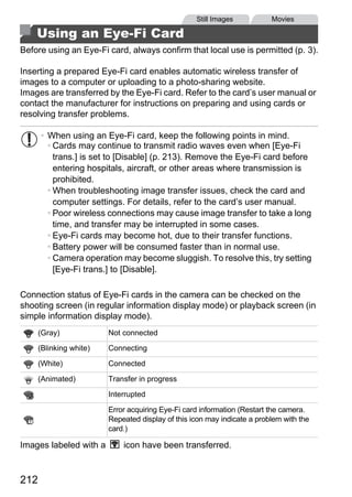 Still Images           Movies

    Using an Eye-Fi Card
Before using an Eye-Fi card, always confirm that local use is permitted (p. 3).

Inserting a prepared Eye-Fi card enables automatic wireless transfer of
images to a computer or uploading to a photo-sharing website.
Images are transferred by the Eye-Fi card. Refer to the card’s user manual or
contact the manufacturer for instructions on preparing and using cards or
resolving transfer problems.

      • When using an Eye-Fi card, keep the following points in mind.
        • Cards may continue to transmit radio waves even when [Eye-Fi
          trans.] is set to [Disable] (p. 213). Remove the Eye-Fi card before
          entering hospitals, aircraft, or other areas where transmission is
          prohibited.
        • When troubleshooting image transfer issues, check the card and
          computer settings. For details, refer to the card’s user manual.
        • Poor wireless connections may cause image transfer to take a long




                                           PY
          time, and transfer may be interrupted in some cases.
        • Eye-Fi cards may become hot, due to their transfer functions.



                                         O
        • Battery power will be consumed faster than in normal use.
        • Camera operation may become sluggish. To resolve this, try setting


                                  C
          [Eye-Fi trans.] to [Disable].

Connection status of Eye-Fi cards in the camera can be checked on the
shooting screen (in regular information display mode) or playback screen (in
simple information display mode).
      (Gray)             Not connected

      (Blinking white)   Connecting

      (White)            Connected

      (Animated)         Transfer in progress

                         Interrupted

                         Error acquiring Eye-Fi card information (Restart the camera.
                         Repeated display of this icon may indicate a problem with the
                         card.)

Images labeled with a        icon have been transferred.


212
 