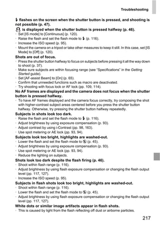 Troubleshooting

h flashes on the screen when the shutter button is pressed, and shooting is
not possible (p. 47).
    is displayed when the shutter button is pressed halfway (p. 46).
•   Set [IS mode] to [Continuous] (p. 120).
•   Raise the flash and set the flash mode to h (p. 116).
•   Increase the ISO speed (p. 95).
•   Mount the camera on a tripod or take other measures to keep it still. In this case, set [IS
    Mode] to [Off] (p. 120).
Shots are out of focus.
• Press the shutter button halfway to focus on subjects before pressing it all the way down
  to shoot (p. 37).
• Make sure subjects are within focusing range (see “Specifications” in the Getting
  Started guide).
• Set [AF-assist Beam] to [On] (p. 65).
• Confirm that unneeded functions such as macro are deactivated.
• Try shooting with focus lock or AF lock (pp. 109, 114).
No AF frames are displayed and the camera does not focus when the shutter
button is pressed halfway.




                                            PY
• To have AF frames displayed and the camera focus correctly, try composing the shot
  with higher-contrast subject areas centered before you press the shutter button
  halfway. Otherwise, try pressing the shutter button halfway repeatedly.



                                          O
Subjects in shots look too dark.
    Raise the flash and set the flash mode to h (p. 116).


                                  C
•
•   Adjust brightness by using exposure compensation (p. 93).
•   Adjust contrast by using i-Contrast (pp. 98, 163).
•   Use spot metering or AE lock (pp. 93, 94).
Subjects look too bright, highlights are washed-out.
•   Lower the flash and set the flash mode to ! (p. 45).
•   Adjust brightness by using exposure compensation (p. 93).
•   Use spot metering or AE lock (pp. 93, 94).
•   Reduce the lighting on subjects.
Shots look too dark despite the flash firing (p. 46).
• Shoot within flash range (p. 116).
• Adjust brightness by using flash exposure compensation or changing the flash output
  level (pp. 117, 127).
• Increase the ISO speed (p. 95).
Subjects in flash shots look too bright, highlights are washed-out.
• Shoot within flash range (p. 116).
• Lower the flash and set the flash mode to ! (p. 45).
• Adjust brightness by using flash exposure compensation or changing the flash output
  level (pp. 117, 127).
White dots or similar image artifacts appear in flash shots.
• This is caused by light from the flash reflecting off dust or airborne particles.

                                                                                          217
 