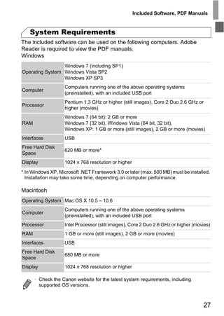 Included Software, PDF Manuals



   System Requirements
The included software can be used on the following computers. Adobe
Reader is required to view the PDF manuals.
Windows
                 Windows 7 (including SP1)
Operating System Windows Vista SP2
                 Windows XP SP3
                   Computers running one of the above operating systems
Computer
                   (preinstalled), with an included USB port
                   Pentium 1.3 GHz or higher (still images), Core 2 Duo 2.6 GHz or
Processor
                   higher (movies)
                   Windows 7 (64 bit): 2 GB or more
RAM                Windows 7 (32 bit), Windows Vista (64 bit, 32 bit),
                   Windows XP: 1 GB or more (still images), 2 GB or more (movies)




                                        PY
Interfaces         USB
Free Hard Disk
                   620 MB or more*
Space
Display



                              C       O
                   1024 x 768 resolution or higher

* In Windows XP, Microsoft .NET Framework 3.0 or later (max. 500 MB) must be installed.
  Installation may take some time, depending on computer performance.

Macintosh
Operating System Mac OS X 10.5 – 10.6
                   Computers running one of the above operating systems
Computer
                   (preinstalled), with an included USB port
Processor          Intel Processor (still images), Core 2 Duo 2.6 GHz or higher (movies)
RAM                1 GB or more (still images), 2 GB or more (movies)
Interfaces         USB
Free Hard Disk
                   680 MB or more
Space
Display            1024 x 768 resolution or higher

      • Check the Canon website for the latest system requirements, including
        supported OS versions.



                                                                                    27
 