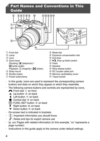 Part Names and Conventions in This
     Guide




    Front dial                            Mode dial
    Lamp                                  Exposure compensation dial
    Lens                                  Hot shoe
    Zoom lever                                 (Pop up flash) switch




                                          PY
    Shooting: i (telephoto) /             Flash
    j (wide angle)                        Speaker
    Playback: k (magnify) / g (index)     Ring release button



                                        O
    Strap mount                           DC coupler cable port




                                 C
    Shutter button                        Memory card/battery cover
    Power button/lamp                     Tripod socket

• In this guide, icons are used to represent the corresponding camera
  buttons and dials on which they appear or which they resemble.
• The following camera buttons and controls are represented by icons.
  z Front dial       on front
   o Up button        on back
   q Left button       on back
   7 Control dial       on back
  m FUNC./SET button           on back
   r Right button        on back
   p Down button         on back
• On-screen text is indicated in brackets.
•     : Important information you should know
•     : Notes and tips for expert camera use
• (p. xx): Pages with related information (in this example, “xx” represents a
  page number)
• Instructions in this guide apply to the camera under default settings.

4
 