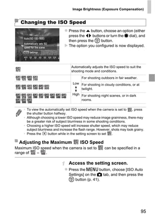 Image Brightness (Exposure Compensation)



   Changing the ISO Speed
                                  Press the o button, choose an option (either
                                  press the qr buttons or turn the 7 dial), and
                                  then press the m button.
                                  The option you configured is now displayed.




                                    Automatically adjusts the ISO speed to suit the
                                    shooting mode and conditions.

                                           For shooting outdoors in fair weather.
                                     Low For shooting in cloudy conditions, or at
                                         twilight.




                                      PY
                                     High For shooting night scenes, or in dark
                                          rooms.




                                    O
    • To view the automatically set ISO speed when the camera is set to      , press
      the shutter button halfway.



                             C
    • Although choosing a lower ISO speed may reduce image graininess, there may
      be a greater risk of subject blurriness in some shooting conditions.
    • Choosing a higher ISO speed will increase shutter speed, which may reduce
      subject blurriness and increase the flash range. However, shots may look grainy.
    • Press the      button while in the setting screen to set  .

  Adjusting the Maximum                   ISO Speed
Maximum ISO speed when the camera is set to                can be specified in a
range of  –    .

                                  Access the setting screen.
                                  Press the n button, choose [ISO Auto
                                  Settings] on the 4 tab, and then press the
                                  m button (p. 41).




                                                                                    95
 