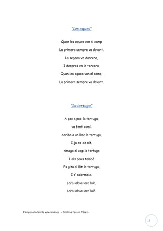 “Les oques”


                               Quan les oques van al camp

                             La primera sempre va davant.

                                  La segona va darrere,

                                 I despres va la tercera.

                               Quan les oques van al camp,

                             La primera sempre va davant.




                                       “La tortuga”


                                  A poc a poc la tortuga,

                                        va fent camí.

                               Arriba a un lloc la tortuga,

                                       I ja es de nit.

                                 Amaga el cap la tortuga

                                     I els peus també

                                 Es gita al llit la tortuga,

                                       I s’ adormeix.

                                    Lara lalala lara lala,

                                    Lara lalala lara lalà.




Cançons Infantils valencianes - Cristina Ferrer Pérez -

                                                               13
 