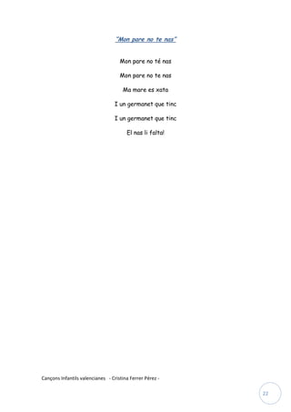 “Mon pare no te nas”


                                    Mon pare no té nas

                                    Mon pare no te nas

                                     Ma mare es xata

                                  I un germanet que tinc

                                  I un germanet que tinc

                                       El nas li falta!




Cançons Infantils valencianes - Cristina Ferrer Pérez -

                                                           22
 