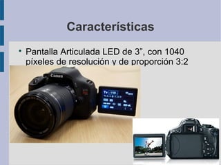 Características


Pantalla Articulada LED de 3”, con 1040
píxeles de resolución y de proporción 3:2

 