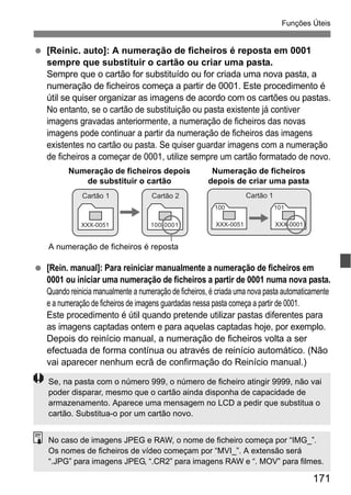 171
Funções Úteis
[Reinic. auto]: A numeração de ficheiros é reposta em 0001
sempre que substituir o cartão ou criar uma pasta.
Sempre que o cartão for substituído ou for criada uma nova pasta, a
numeração de ficheiros começa a partir de 0001. Este procedimento é
útil se quiser organizar as imagens de acordo com os cartões ou pastas.
No entanto, se o cartão de substituição ou pasta existente já contiver
imagens gravadas anteriormente, a numeração de ficheiros das novas
imagens pode continuar a partir da numeração de ficheiros das imagens
existentes no cartão ou pasta. Se quiser guardar imagens com a numeração
de ficheiros a começar de 0001, utilize sempre um cartão formatado de novo.
[Rein. manual]: Para reiniciar manualmente a numeração de ficheiros em
0001 ou iniciar uma numeração de ficheiros a partir de 0001 numa nova pasta.
Quando reinicia manualmente a numeração de ficheiros, é criada uma nova pasta automaticamente
e a numeração de ficheiros de imagens guardadas nessa pasta começa a partir de 0001.
Este procedimento é útil quando pretende utilizar pastas diferentes para
as imagens captadas ontem e para aquelas captadas hoje, por exemplo.
Depois do reinício manual, a numeração de ficheiros volta a ser
efectuada de forma contínua ou através de reinício automático. (Não
vai aparecer nenhum ecrã de confirmação do Reinício manual.)
XXX-0051
Cartão 1
100-0001
Cartão 2
Numeração de ficheiros depois
de substituir o cartão
A numeração de ficheiros é reposta
100
XXX-0051
101
XXX-0001
Cartão 1
Numeração de ficheiros
depois de criar uma pasta
Se, na pasta com o número 999, o número de ficheiro atingir 9999, não vai
poder disparar, mesmo que o cartão ainda disponha de capacidade de
armazenamento. Aparece uma mensagem no LCD a pedir que substitua o
cartão. Substitua-o por um cartão novo.
No caso de imagens JPEG e RAW, o nome de ficheiro começa por “IMG_”.
Os nomes de ficheiros de vídeo começam por “MVI_”. A extensão será
“.JPG” para imagens JPEG, “.CR2” para imagens RAW e “. MOV” para filmes.
 