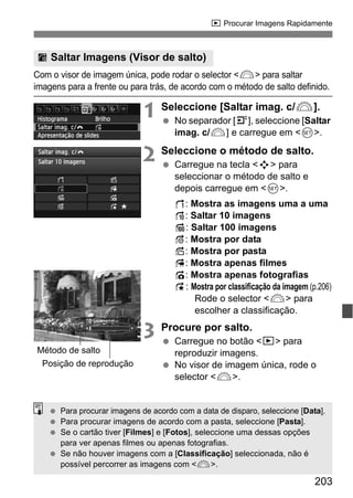 203
x Procurar Imagens Rapidamente
Com o visor de imagem única, pode rodar o selector <6> para saltar
imagens para a frente ou para trás, de acordo com o método de salto definido.
1 Seleccione [Saltar imag. c/6].
No separador [4], seleccione [Saltar
imag. c/6] e carregue em <0>.
2 Seleccione o método de salto.
Carregue na tecla <S> para
seleccionar o método de salto e
depois carregue em <0>.
d: Mostra as imagens uma a uma
e: Saltar 10 imagens
f: Saltar 100 imagens
g: Mostra por data
h: Mostra por pasta
i: Mostra apenas filmes
j: Mostra apenas fotografias
k: Mostra por classificação da imagem (p.206)
Rode o selector <6> para
escolher a classificação.
3 Procure por salto.
Carregue no botão <x> para
reproduzir imagens.
No visor de imagem única, rode o
selector <6>.
I Saltar Imagens (Visor de salto)
Posição de reprodução
Método de salto
Para procurar imagens de acordo com a data de disparo, seleccione [Data].
Para procurar imagens de acordo com a pasta, seleccione [Pasta].
Se o cartão tiver [Filmes] e [Fotos], seleccione uma dessas opções
para ver apenas filmes ou apenas fotografias.
Se não houver imagens com a [Classificação] seleccionada, não é
possível percorrer as imagens com <6>.
 
