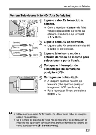 221
Ver as Imagens no Televisor
1 Ligue o cabo AV fornecido à
câmara.
Com o logótipo <Canon> da ficha
voltado para a parte da frente da
câmara, introduza-a no terminal
< >.
2 Ligue o cabo AV ao televisor.
Ligue o cabo AV ao terminal vídeo IN
e áudio IN do televisor.
3 Ligue o televisor e mude a
entrada de vídeo do mesmo para
seleccionar a porta ligada.
4 Coloque o interruptor de
alimentação da câmara na
posição <1>.
5 Carregue no botão <x>.
A imagem aparece no ecrã do
televisor (não aparece qualquer
imagem no LCD da câmara).
Para reproduzir filmes, consulte a
página 212.
Ver em Televisores Não HD (Alta Definição)
q
(Vermelho)
(Branco)
(Amarelo)
Utilize apenas o cabo AV fornecido. Se utilizar outro cabo, as imagens
podem não aparecer.
Se o formato do sistema de vídeo não corresponder ao do televisor, as
imagens não aparecem correctamente. Defina o formato do sistema de
vídeo adequado com [6 Sistema vídeo].
 