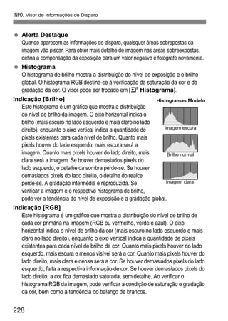 C Visor de Informações de Disparo
228
Alerta Destaque
Quando aparecem as informações de disparo, quaisquer áreas sobrepostas da
imagem vão piscar. Para obter mais detalhe de imagem nas áreas sobreexpostas,
defina a compensação da exposição para um valor negativo e fotografe novamente.
Histograma
O histograma de brilho mostra a distribuição do nível de exposição e o brilho
global. O histograma RGB destina-se à verificação da saturação da cor e da
gradação da cor. O visor pode ser trocado em [4 Histograma].
Indicação [Brilho]
Este histograma é um gráfico que mostra a distribuição
do nível de brilho da imagem. O eixo horizontal indica o
brilho (mais escuro no lado esquerdo e mais claro no lado
direito), enquanto o eixo vertical indica a quantidade de
pixels existentes para cada nível de brilho. Quanto mais
pixels houver do lado esquerdo, mais escura será a
imagem. Quanto mais pixels houver do lado direito, mais
clara será a imagem. Se houver demasiados pixels do
lado esquerdo, o detalhe da sombra perde-se. Se houver
demasiados pixels do lado direito, o detalhe do realce
perde-se. A gradação intermédia é reproduzida. Se
verificar a imagem e o respectivo histograma de brilho,
pode ver a tendência do nível de exposição e a gradação global.
Indicação [RGB]
Este histograma é um gráfico que mostra a distribuição do nível de brilho de
cada cor primária na imagem (RGB ou vermelho, verde e azul). O eixo
horizontal indica o nível de brilho da cor (mais escuro no lado esquerdo e mais
claro no lado direito), enquanto o eixo vertical indica a quantidade de pixels
existentes para cada nível de brilho da cor. Quanto mais pixels houver do lado
esquerdo, mais escura e menos visível será a cor. Quanto mais pixels houver do
lado direito, mais clara e densa será a cor. Se houver demasiados pixels do lado
esquerdo, falta a respectiva informação de cor. Se houver demasiados pixels do
lado direito, a cor fica demasiado saturada, sem detalhe. Ao verificar o
histograma RGB da imagem, pode verificar a condição de saturação e gradação
da cor, bem como a tendência do balanço de brancos.
Histogramas Modelo
Imagem escura
Brilho normal
Imagem clara
 