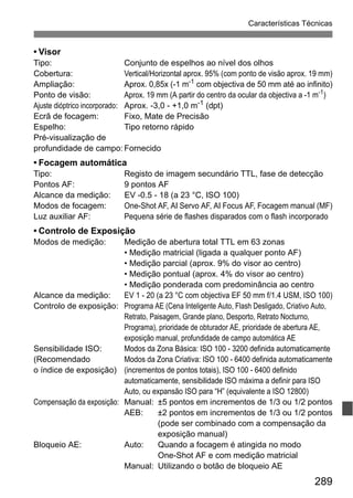 289
Características Técnicas
• Visor
Tipo: Conjunto de espelhos ao nível dos olhos
Cobertura: Vertical/Horizontal aprox. 95% (com ponto de visão aprox. 19 mm)
Ampliação: Aprox. 0,85x (-1 m-1
com objectiva de 50 mm até ao infinito)
Ponto de visão: Aprox. 19 mm (A partir do centro da ocular da objectiva a -1 m-1
)
Ajuste dióptrico incorporado: Aprox. -3,0 - +1,0 m-1
(dpt)
Ecrã de focagem: Fixo, Mate de Precisão
Espelho: Tipo retorno rápido
Pré-visualização de
profundidade de campo: Fornecido
• Focagem automática
Tipo: Registo de imagem secundário TTL, fase de detecção
Pontos AF: 9 pontos AF
Alcance da medição: EV -0.5 - 18 (a 23 °C, ISO 100)
Modos de focagem: One-Shot AF, AI Servo AF, AI Focus AF, Focagem manual (MF)
Luz auxiliar AF: Pequena série de flashes disparados com o flash incorporado
• Controlo de Exposição
Modos de medição: Medição de abertura total TTL em 63 zonas
• Medição matricial (ligada a qualquer ponto AF)
• Medição parcial (aprox. 9% do visor ao centro)
• Medição pontual (aprox. 4% do visor ao centro)
• Medição ponderada com predominância ao centro
Alcance da medição: EV 1 - 20 (a 23 °C com objectiva EF 50 mm f/1.4 USM, ISO 100)
Controlo de exposição: Programa AE (Cena Inteligente Auto, Flash Desligado, Criativo Auto,
Retrato, Paisagem, Grande plano, Desporto, Retrato Nocturno,
Programa), prioridade de obturador AE, prioridade de abertura AE,
exposição manual, profundidade de campo automática AE
Sensibilidade ISO: Modos da Zona Básica: ISO 100 - 3200 definida automaticamente
(Recomendado Modos da Zona Criativa: ISO 100 - 6400 definida automaticamente
o índice de exposição) (incrementos de pontos totais), ISO 100 - 6400 definido
automaticamente, sensibilidade ISO máxima a definir para ISO
Auto, ou expansão ISO para “H” (equivalente a ISO 12800)
Compensação da exposição: Manual: ±5 pontos em incrementos de 1/3 ou 1/2 pontos
AEB: ±2 pontos em incrementos de 1/3 ou 1/2 pontos
(pode ser combinado com a compensação da
exposição manual)
Bloqueio AE: Auto: Quando a focagem é atingida no modo
One-Shot AF e com medição matricial
Manual: Utilizando o botão de bloqueio AE
 