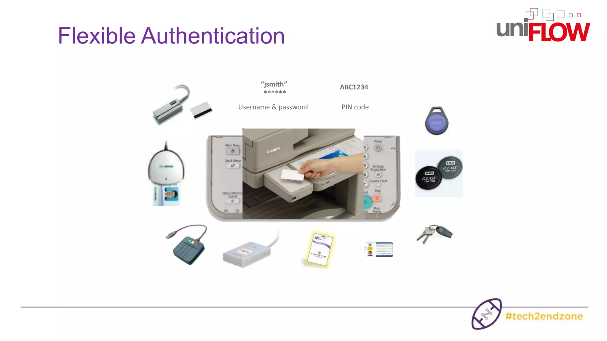 Username & password
“jsmith”
******
PIN code
ABC1234
Flexible Authentication
 