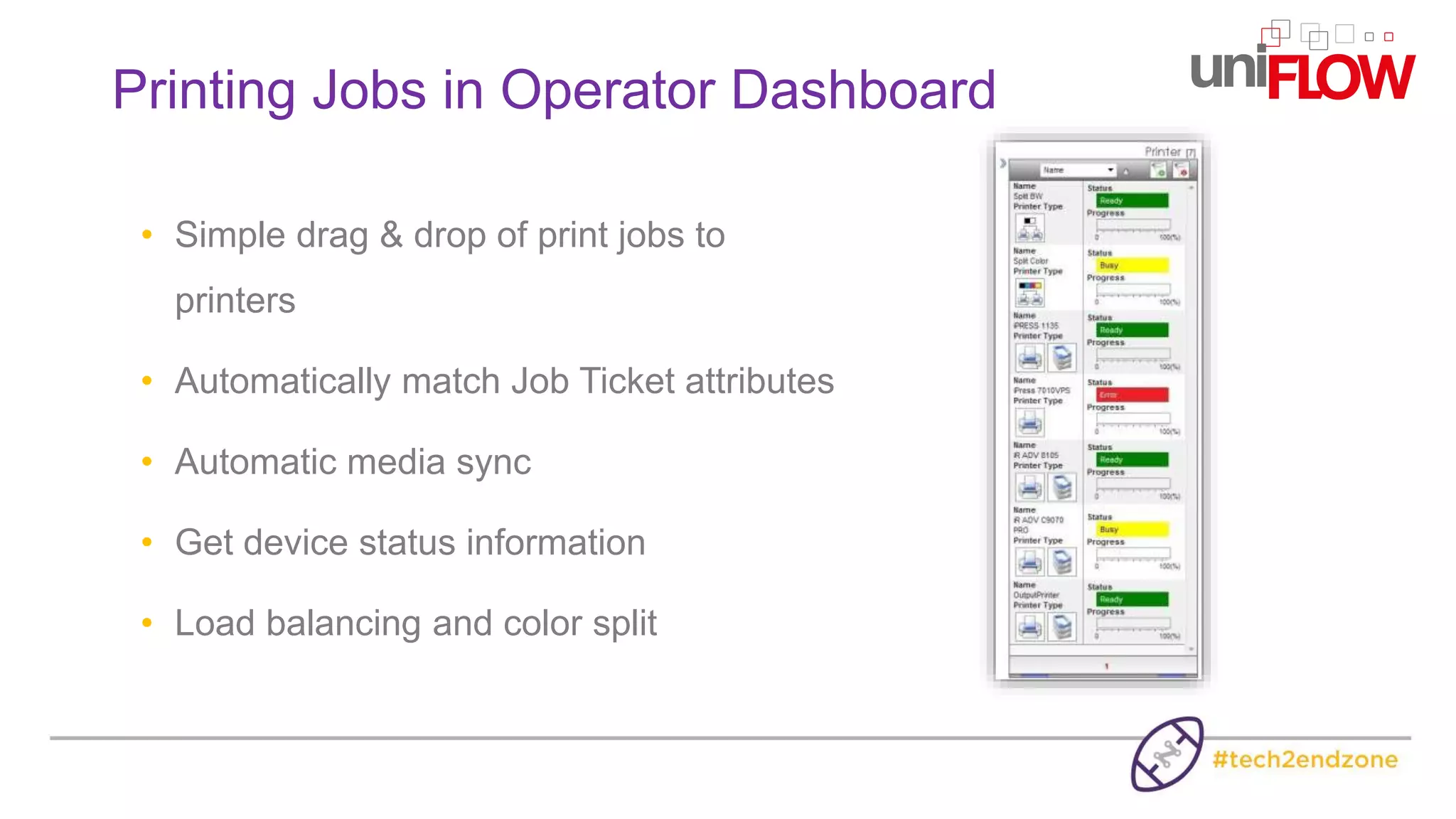 • Simple drag & drop of print jobs to
printers
• Automatically match Job Ticket attributes
• Automatic media sync
• Get device status information
• Load balancing and color split
Printing Jobs in Operator Dashboard
 