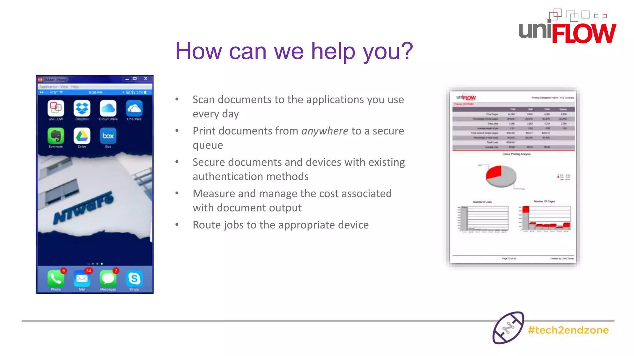 How can we help you?
• Scan documents to the applications you use
every day
• Print documents from anywhere to a secure
queue
• Secure documents and devices with existing
authentication methods
• Measure and manage the cost associated
with document output
• Route jobs to the appropriate device
 