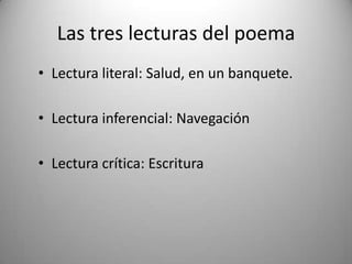 Las tres lecturas del poema
• Lectura literal: Salud, en un banquete.
• Lectura inferencial: Navegación
• Lectura crítica: Escritura
 