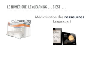 LE NUMÉRIQUE, LE eLEARNING … C’EST …
Médiatisation des ressources …
Beaucoup !
 