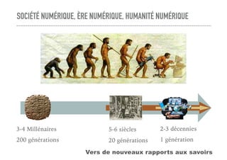 3-4 Millénaires
200 générations
SOCIÉTÉ NUMÉRIQUE, ÈRE NUMÉRIQUE, HUMANITÉ NUMÉRIQUE
5-6 siècles
20 générations
2-3 décennies
1 génération
Vers de nouveaux rapports aux savoirs
 