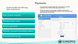 Payments
Intra system transfer
External bank wires
Invoice payment
Periodic payment (standing orders)
Own account top up
Commission is automatically calculated once the
customer has filled in the payment form.
If the currency of payment is different from the
currency of the account the system will automatically
perform the conversion.
System handles the following
types of payments:
 