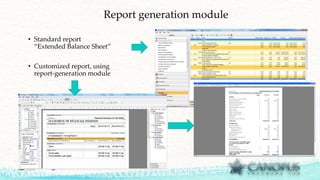 Report generation module
• Standard report
“Extended Balance Sheet”
• Customized report, using
report-generation module
 