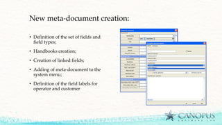 New meta-document creation:
• Definition of the set of fields and
field types;
• Handbooks creation;
• Creation of linked fields;
• Adding of meta-document to the
system menu;
• Definition of the field labels for
operator and customer
 