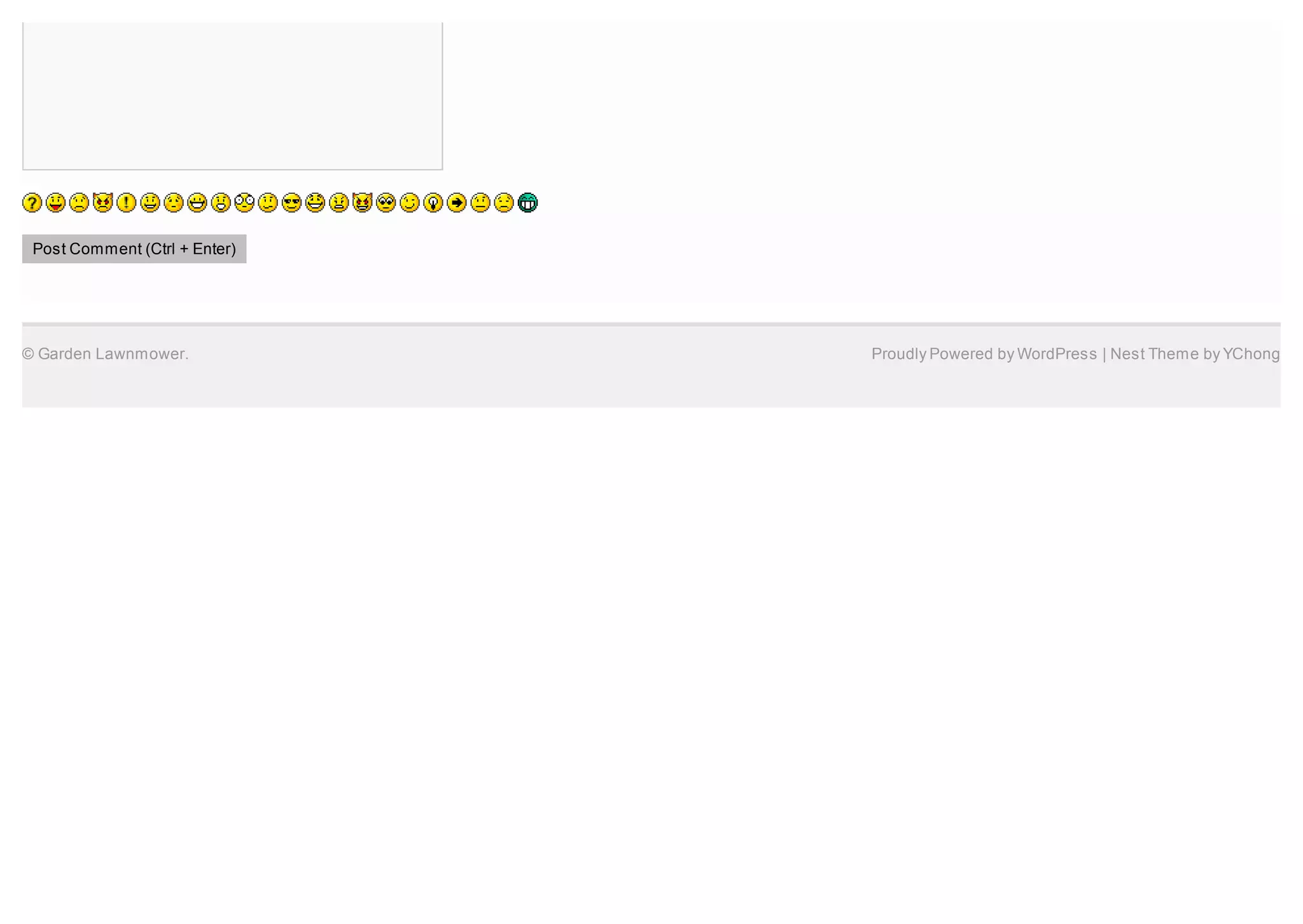 Post Comment (Ctrl + Enter)




© Garden Lawnmower.            Proudly Powered by WordPress | Nest Theme by YChong
 