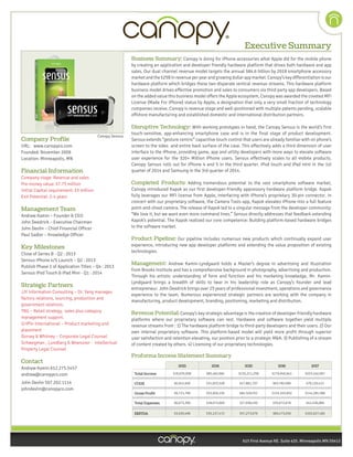Executive Summary
Business Summary: Canopy is doing for iPhone accessories what Apple did for the mobile phone
by creating an application and developer friendly hardware platform that drives both hardware and app
sales. Our dual channel revenue model targets the annual $84.6 billion by 2018 smartphone accessory
market and the $25B in revenue per year and growing dollar app market. Canopy’s key differentiation is our
hardware platform which bridges these two disparate vertical revenue streams. This hardware platform
business model drives effective promotion and sales to consumers via third party app developers. Based
on the added value this business model offers the Apple ecosystem, Canopy was awarded the coveted MFi
License (Made For iPhone) status by Apple, a designation that only a very small fraction of technology
companies receive. Canopy is revenue stage and well-positioned with multiple patents pending, scalable
offshore manufacturing and established domestic and international distribution partners.

Disruptive Technology: With working prototypes in hand, the Canopy Sensus is the world’s first

Company Profile

Canopy Sensus

URL: www.canopyco.com
Founded: November 2009
Location: Minneapolis, MN

Financial Information
Company stage: Revenue and sales
Pre-money value: $7.75 million
Initial Capital requirement: $3 million
Exit Potential: 2-4 years

Management Team
Andrew Kamin – Founder & CEO
John Deedrick – Executive Chairman
John Devlin – Chief Financial Officer
Paul Sadler – Knowledge Officer

Key Milestones
Close of Series B - Q2 : 2013
Sensus iPhone 4/5 Launch – Q2 : 2013
Publish Phase 2 of Application Titles – Q4 : 2013
Sensus iPod Touch & iPad Mini - Q1 : 2014

Strategic Partners
JJY Information Consulting – Dr. Yang manages
factory relations, sourcing, production and
government relations.
TRG – Retail strategy, sales plus category
management support.
Griffin International – Product marketing and
placement
Dorsey & Whitney – Corporate Legal Counsel
Schwegman , Lundberg & Woessner - Intellectual
Property Legal Counsel

Contact
Andrew Kamin 612.275.5457
andrew@canopyco.com
John Devlin 507.202.1114
johndevlin@canopyco.com

touch-sensitive, app-enhancing smartphone case and is in the final stage of product development.
Sensus extends “gesture centric” capacitive touch control that users are already familiar with on phone’s
screen to the sides and entire back surface of the case. This effectively adds a third dimension of user
interface to the iPhone, providing game, app and utility developers with more ways to elevate software
user experience for the 320+ Million iPhone users. Sensus effectively scales to all mobile products.
Canopy Sensus rolls out for iPhone 4 and 5 in the third quarter. iPod touch and iPad mini in the 1st
quarter of 2014 and Samsung in the 3rd quarter of 2014.

Completed Products: Adding tremendous potential to the vast smartphone software market,
Canopy introduced Kapok as our first developer-friendly appcessory hardware platform bridge. Kapok
fully leverages our MFI license from Apple, interfacing with iPhone’s proprietary 30-pin connector. In
concert with our proprietary software, the Camera Tools app, Kapok elevates iPhone into a full feature
point-and-shoot camera. The release of Kapok led to a singular message from the developer community:
“We love it, but we want even more command lines.” Sensus directly addresses that feedback extending
Kapok’s potential. The Kapok realized our core competence: Building platform-based hardware bridges
to the software market.

Product Pipeline: Our pipeline includes numerous new products which continually expand user
experience, introducing new app developer platforms and extending the value proposition of existing
technologies.

Management: Andrew Kamin-Lyndgaard holds a Master’s degree in advertising and illustration
from Brooks Institute and has a comprehensive background in photography, advertising and production.
Through his artistic understanding of form and function and his marketing knowledge, Mr. KaminLyndgaard brings a breadth of skills to bear in his leadership role as Canopy’s founder and lead
entrepreneur. John Deedrick brings over 25 years of professional investment, operations and governance
experience to the team. Numerous experienced strategic partners are working with the company in
manufacturing, product development, branding, positioning, marketing and distribution.

Revenue Potential: Canopy’s key strategic advantage is the creation of developer-friendly hardware
platforms where our proprietary software can rest. Hardware and software together yield multiple
revenue streams from : 1) The hardware platform bridge to third-party developers and their users. 2) Our
own internal proprietary software. This platform-based model will yield more profit through superior
user satisfaction and retention elevating, our position prior to a strategic M&A. 3) Publishing of a stream
of content created by others. 4) Licensing of our proprietary technologies.

Proforma Income Statement Summary
2013

2014

2015

2016

2017

Total Income

$16,635,836

$85,482,684

$132,211,258

$179,946,942

$223,402,007

COGS

$6,914,046

$31,653,528

$47,881,707

$63,782,990

$79,120,421

Gross Profit

$9,721,790

$53,829,156

$84,329,551

$116,163,952

$144,281,586

Total Expenses

$6,673,300

$18,673,660

$27,038,450

$35,672,878

$42,236,080

EBITDA

$3,030,466

$35,137,472

$57,273,076

$80,473,050

$102,027,482

 