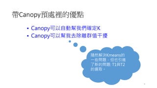 9
CanopyA̎eăc
? CanopyԄӎ҂_K
? CanopyԎȥxȺֵɔ_
SȻQKmeans
һЩ}ҲM
µĆ}: T1cT2
xȡ
 
