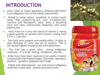 INTRODUCTION
 Amla, aonla or Indian gooseberry (Emblica officinalis)
is an indigenous fruit to the Indian subcontinent.
 Owing to hardy nature, suitability to various waste
lands, high productivity/unit area (15-20tons/ha),
nutritive and therapeutic value, amla is becoming
more and more commercially important with every
passing year.
 Amla fruits are a very rich source of vitamin C having
a good quantity of ascorbic acid content varying from
0.9 to 1.3 percent.
 The fruits have pungent and cooling effect .It helps in
easy discharge of urine and act as laxative. This is
the second highest among all the cultivated fruits.
 This fruit has a great value among indigenous
medicines. It is acrid, cooling, refrigerant, diuretic .
 Dried fruits have been reported to be useful in health
complications like haemorrhages, diarrhoea, dysentery,
anaemia, jaundice, dyspepsia and cough.
 Trifala and Chyavanprash are well known indigenous
medicines in Ayurvedic system using amla fruits.
 