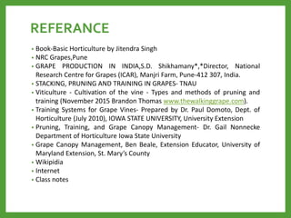 REFERANCE
• Book-Basic Horticulture by Jitendra Singh
• NRC Grapes,Pune
• GRAPE PRODUCTION IN INDIA,S.D. Shikhamany*,*Director, National
Research Centre for Grapes (ICAR), Manjri Farm, Pune-412 307, India.
• STACKING, PRUNING AND TRAINING IN GRAPES- TNAU
• Viticulture - Cultivation of the vine - Types and methods of pruning and
training (November 2015 Brandon Thomas www.thewalkinggrape.com).
• Training Systems for Grape Vines- Prepared by Dr. Paul Domoto, Dept. of
Horticulture (July 2010), IOWA STATE UNIVERSITY, University Extension
• Pruning, Training, and Grape Canopy Management- Dr. Gail Nonnecke
Department of Horticulture Iowa State University
• Grape Canopy Management, Ben Beale, Extension Educator, University of
Maryland Extension, St. Mary’s County
• Wikipidia
• Internet
• Class notes
 