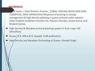 REFERENCES:
 South Asian J. Food Technol. Environ., 2(3&4): 458-464 (2016) ISSN 2394-
5168(Print), 2454- 6445(online) Response of pruning in canopy
management & high density planting in guava orchard under western
Uttar Pradesh condition Virendra Pal, Naveen Chandra, Anant Kumar and
Mukesh Kumar.
 High Density & Meadow orchard planting system in fruit crops. HD
Choudhury.
 Guava ( S.K. Mitra & D. Sanyal)- ICAR publication
 High Density and Meadow Orcharding of Guava –Gorakh Singh
 