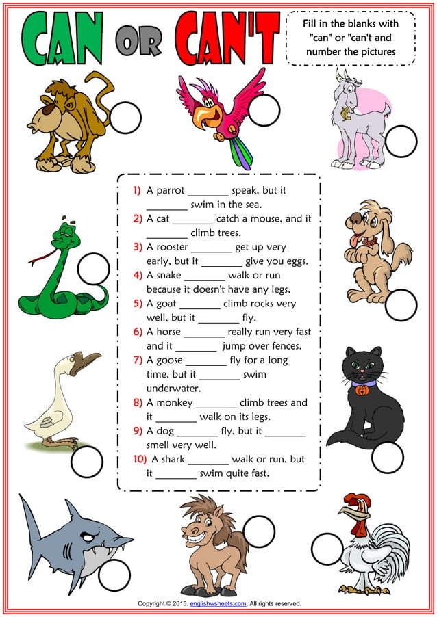 Can or can't esl worksheet with animals vocabulary for kids PDF