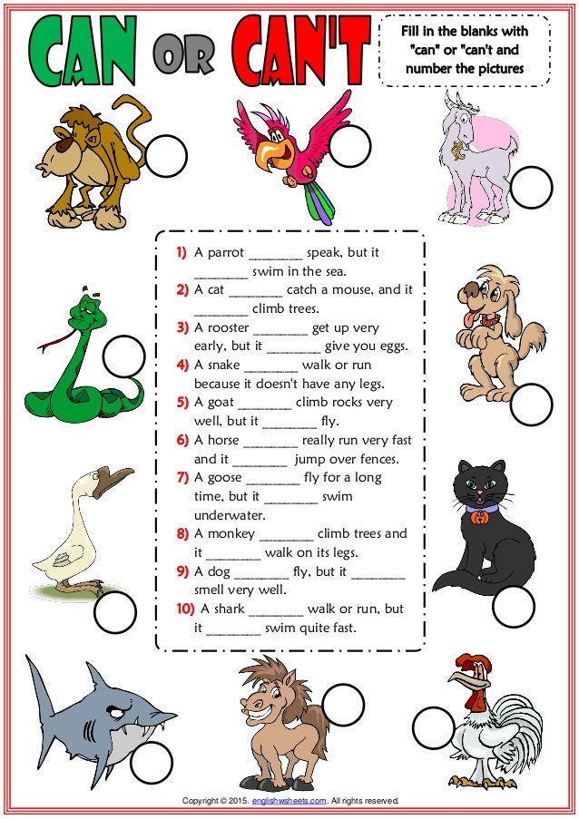 Can or can't esl worksheet with animals vocabulary for kids