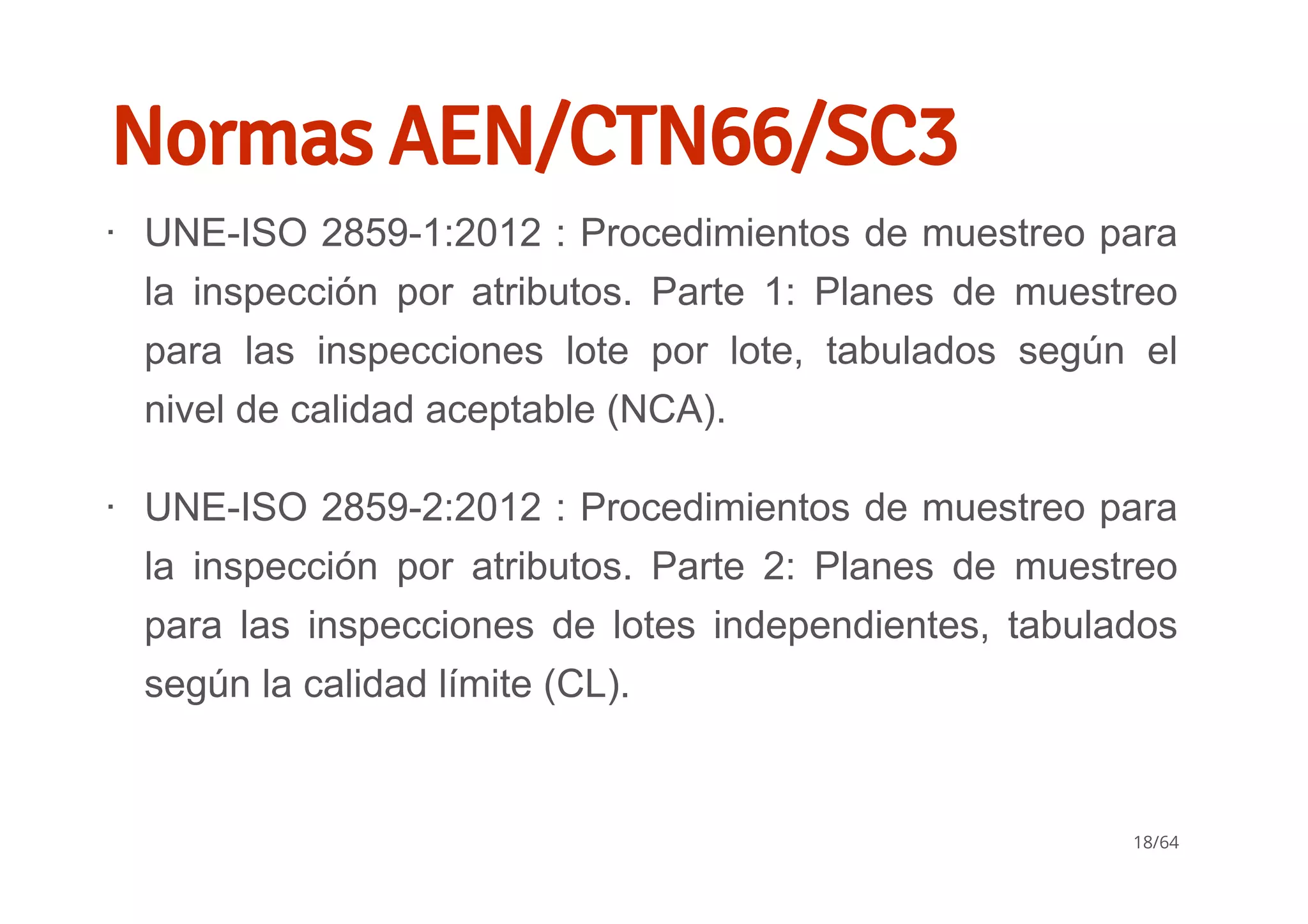 Normas AEN/CTN66/SC3
UNE­ISO 2859­1:2012 : Procedimientos de muestreo para
la  inspección  por  atributos.  Parte  1:  Planes  de  muestreo
para  las  inspecciones  lote  por  lote,  tabulados  según  el
nivel de calidad aceptable (NCA).
UNE­ISO 2859­2:2012 : Procedimientos de muestreo para
la  inspección  por  atributos.  Parte  2:  Planes  de  muestreo
para  las  inspecciones  de  lotes  independientes,  tabulados
según la calidad límite (CL).
∙
∙
18/64
 