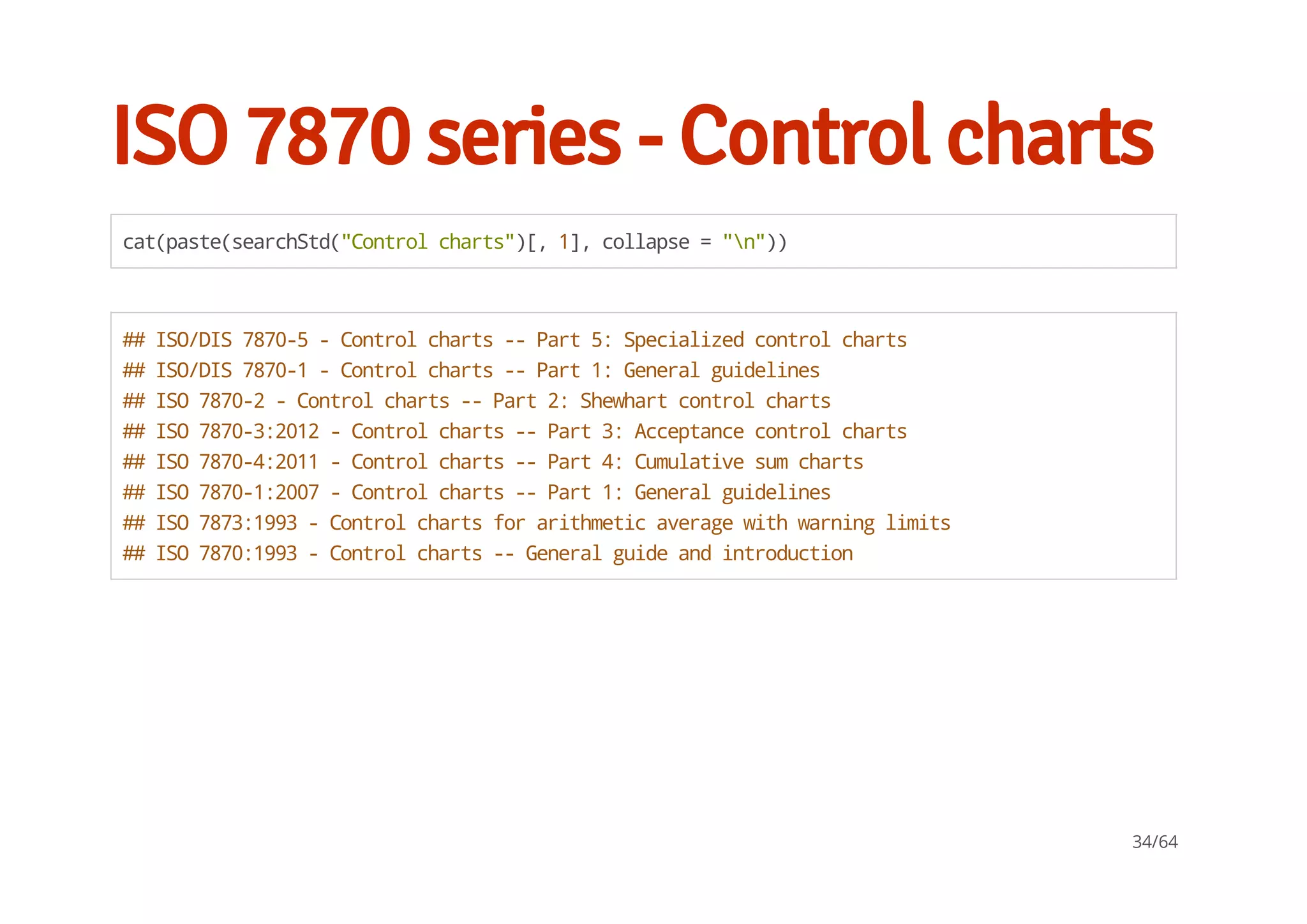 ISO 7870 series - Control charts
cat(paste(searchStd("Controlcharts")[,1],collapse="n"))
##ISO/DIS7870-5-Controlcharts--Part5:Specializedcontrolcharts
##ISO/DIS7870-1-Controlcharts--Part1:Generalguidelines
##ISO7870-2-Controlcharts--Part2:Shewhartcontrolcharts
##ISO7870-3:2012-Controlcharts--Part3:Acceptancecontrolcharts
##ISO7870-4:2011-Controlcharts--Part4:Cumulativesumcharts
##ISO7870-1:2007-Controlcharts--Part1:Generalguidelines
##ISO7873:1993-Controlchartsforarithmeticaveragewithwarninglimits
##ISO7870:1993-Controlcharts--Generalguideandintroduction
34/64
 