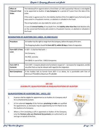Chapter 2. Company Accounts and Audit
Prof. Khushboo Sanghavi P a g e | 66
Effect of
Tribunal’s Final
Order
1. The Individual/Firm against whom a Final Order u/s 140 is passed by Tribunal, is not eligible
to be appointed as Auditor of any Company for a period of 5 years from the date of the
order.
2. If the order is against any Firm, the liability shall be of the Firm and of every Partner(s) who
have acted in a fraudulent manner, or abetted or colluded in the fraud.
3. The erring Auditors are also liable for action u/s 447.
4. In case of criminal liability of any Audit Firm, the liability other than fine shall devolve only
on the concerned Partner(s) who acted in a fraudulent manner, or abetted or colluded in
the fraud.
RESIGNATION OF AUDITORS (SEC.140(2), (3) AND RULES]
Procedure 1. An Auditor has the right to resign from the Company, before the expiry of his term.
2. The Resigning Auditor should file Form ADT-3, within 30 days of date of resignation.
Form ADT-3 Time
Limit
Form ADT—3 shall be filed with —
1. the Company,
2. the ROC, and also
3. the C&AG in case of Sec. 139(5) Companies.
Form ADT-3
Contents
Form ADT—3 requires detailsto be furnishedin respect of —(a) reasons for resignation,and(b)
any other facts as may be relevant with regard to the resignation.
Non-Compliance If the Auditor fails to furnish Form ADT—3 as above, he is punishable with Fine of
Minimum ₹ 50,000 to Maximum ₹ 5,00,000.
SEC 141
ELIGIBILITY, QUALIFICATIONS & DISQUALIFICATIONS OF AUDITOR
QUALIFICATIONS OF AUDITORS [SEC. 141(1), (2)]
1. A person shall be eligible for appointment as an Auditor of a Company only if
he is a Chartered Accountant.
2. A Firm whereof majority of the Partners practising in India are qualified
for appointment, as aforesaid, may be appointed by its Firm Name to be
the Auditors of a Company.
3. Where a Firm (including a LLP) is appointed as Auditor of the Company,
only the Partners who are Chartered Accountants are authorised to act
and sign on behalf of the firm.
 